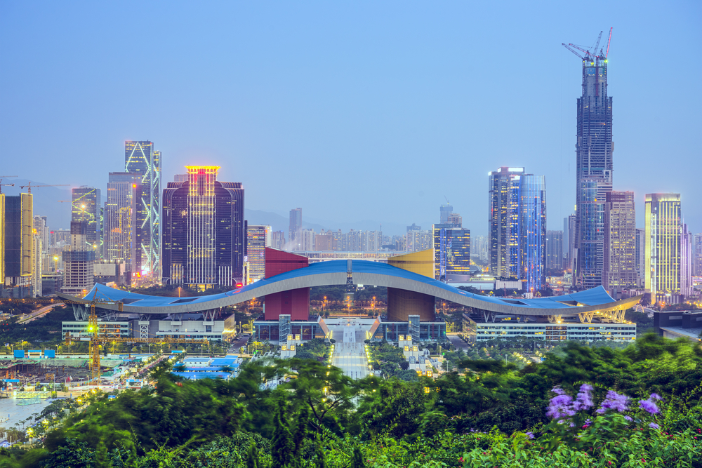 Shenzhen, China city skyline at twilight in the Civic Center district.